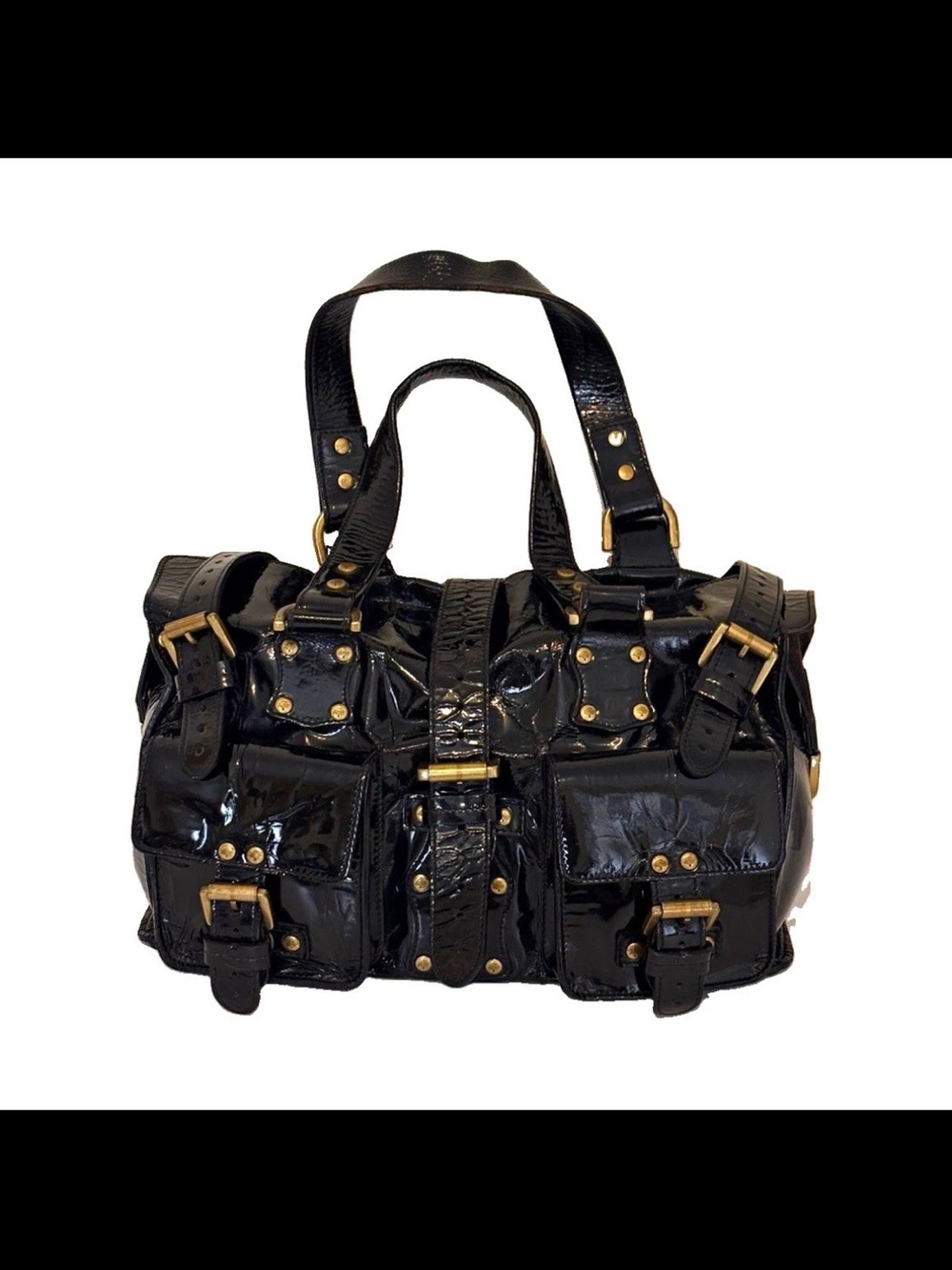 Mulberry Black Patent Leather Satchel with Gold Hardware